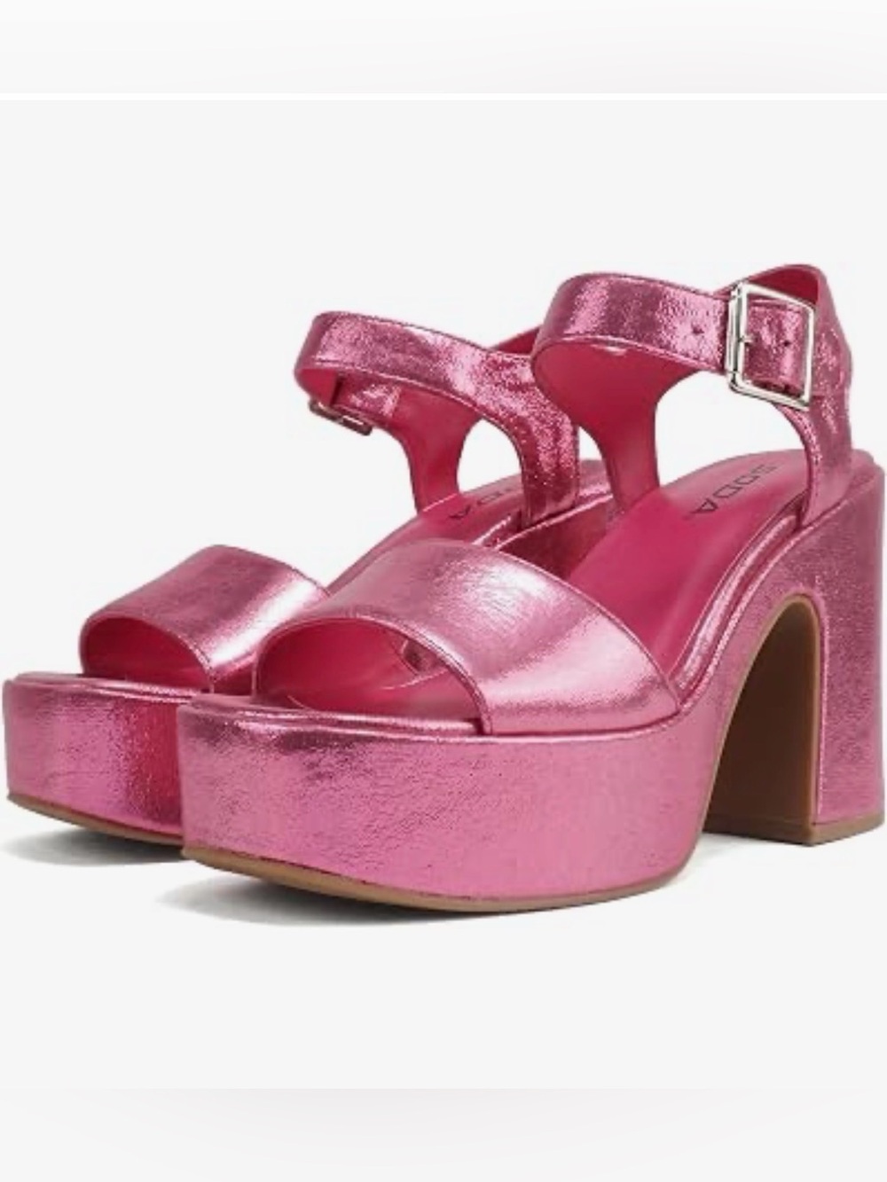 Platform Ankle-Strap Heels in Metallic Pink